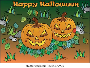 A beautifully painted Halloween postcard featuring two pumpkins with grass