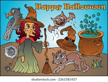 A beautifully painted Halloween postcard featuring a crow, web, spider, witch, bat, hat, cat, cauldron