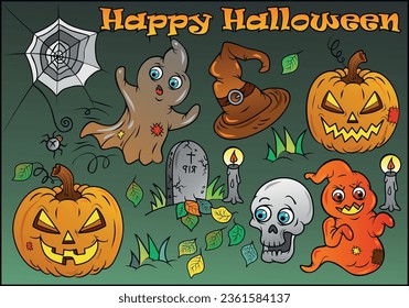 A beautifully painted Halloween postcard featuring a pumpkin, a spider web, a ghost, a grave, a hat, a candle, a skull