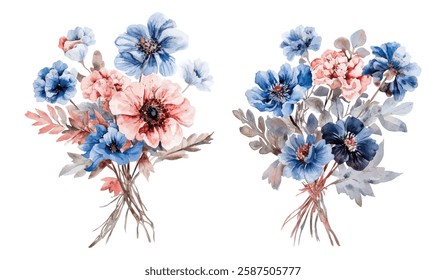 A beautifully painted watercolor floral arrangement featuring blue and peach flowers with soft foliage, ideal for wedding invitations, greeting cards, and vintage botanical designs