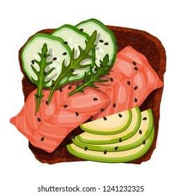 Beautifully plated avocado toast.  Sandwich with avocado, salmon, mayonnaise, tomato and olives. Vector illustration of vegetarian and healthy food.