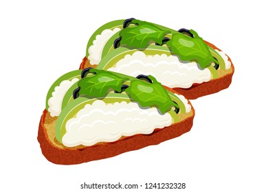 Beautifully plated avocado toast.  Sandwich with avocado, mayonnaise and olives. Vector illustration of vegetarian and healthy food.