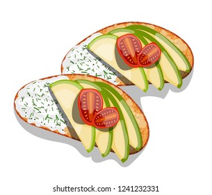 Beautifully plated avocado toast.  Sandwich with avocado mayonnaise, tomato. Vector illustration of vegetarian and healthy food.