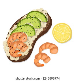 Beautifully plated avocado toast. Sandwich with avocado and boiled shrimp, healthy breakfast, organic food. Vector illustration for print, article, web site or menu design