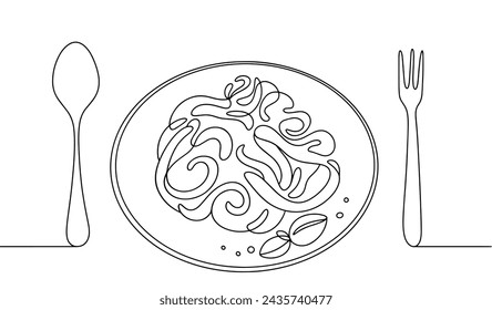 Beautifully presented carbonara pasta and cutlery. Traditional Italian spaghetti. Vector illustration. Images produced without the use of any form of AI software at any stage.