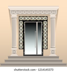 Beautifully realistic decorated entrance to the building. Glass door, patterned arch and columns of plaster stucco, stone porch, forged decorative grid for lamps. Vector Illustration