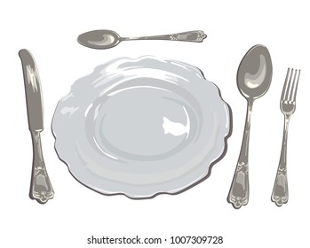 beautifully realistic vector painted set for serving a dining table a plate, spoons, forks and a knife, to design the menu of a festive dinner