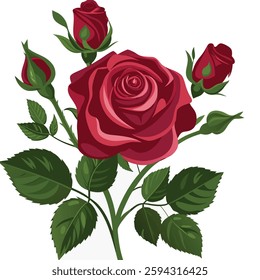 A beautifully red rose in full bloom, with lush leaves and buds on a soft white background.