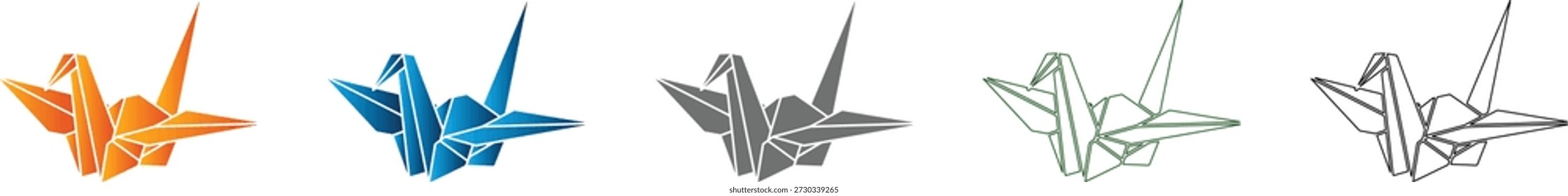 A beautifully rendered flat icon of an elegant origami crane in multiple color and outline styles, an isolated vector graphic part of a versatile icon set.