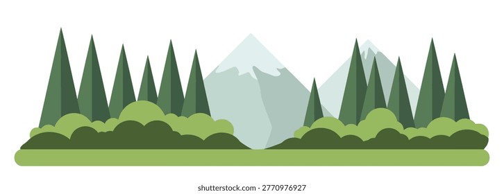 Beautifully rendered flat illustration of a serene mountain landscape with pine trees and lush green bushes in the foreground, perfect for nature-themed designs and digital artwork