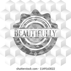 Beautifully retro style grey emblem with geometric cube white background
