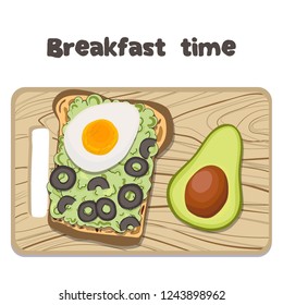 Beautifully served breakfast - toast with avocado pasta and boiled egg, with olives and half an avocado. Healthy natural food. Hand drawing and flat vector illustration