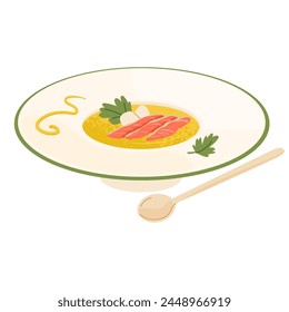 Beautifully served cream soup with croutons and salmon. Serving a dish in a restaurant. Healthy eating and lifestyle. Vector illustration isolated on transparent background.