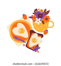 Beautifully served romantic breakfast. Heart-shaped scrambled eggs on plate and piece of bread. Fried eggs, sandwich, butter, strawberries, tea mug with bouquet of flowers. Hand drawn illustration