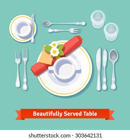 Beautifully served table. Formal dinner setting. Isolated flat style vector illustration.