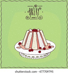 Beautifully shaped dessert known as panna cotta or parfait or pudding, drizzled with berry jam or syrup, lie on lacy napkin. Handmade cartoon style