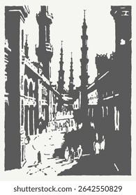 Uma cena de rua belamente silhuetada que apresenta minaretes impressionantes e arquitetura cativante