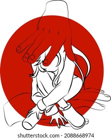 Beautifully sitting girl with a big hand on her head. In the background there is an even and red circle. There is also an extra arm behind the legs.