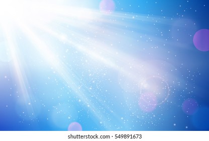 Beautifully soft blur background in shades of blues, white and magenta. Bokeh lights, sun rays and light effects give it a dreamy and magic feel.  