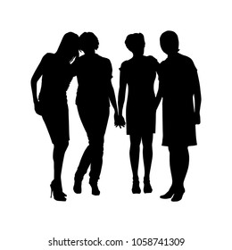 Beautifully standing four silhouettes of women in dresses and jeans of different ages of the same height, a group of black silhouettes of people on a white background in full growth