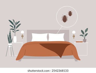 Una cama de matrimonio de estilo hermoso se encuentra en un dormitorio moderno, adornado con almohadas suaves y mantas calientes, mientras que pequeñas chinches de cama se representan cerca, enfatizando una situación inquietante