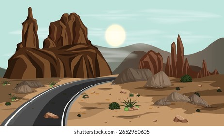 A beautifully stylized 2D desert forest landscape featuring a long highway cutting through arid terrain and sparse trees—perfect for animation, game scenes, and creative storytelling environments