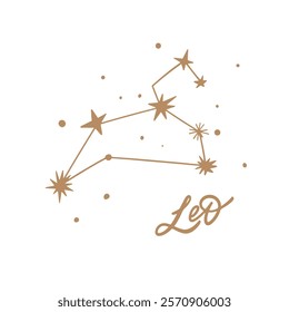 A beautifully stylized artistic depiction of the Leo constellation featuring bright stars and decorative text elements