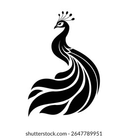 Uma silhueta preta belamente estilizada de um pavão, exibindo sua forma elegante e penas de cauda com abaulamento, ideal para arte, luxo ou temas decorativos.