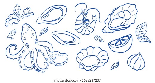 A beautifully stylized collection featuring various sea creatures and shellfish designs
