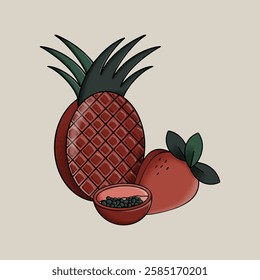 A beautifully stylized digital illustration featuring a collection of exotic fruits, including a pineapple, strawberry, and a bowl of small berries.