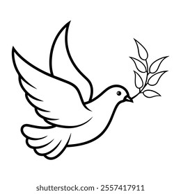 A beautifully stylized dove of peace holding an olive branch, designed in simple line art.