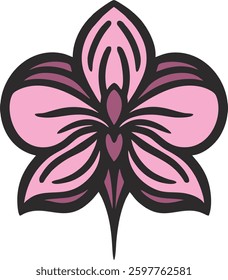  A beautifully stylized floral logo featuring an orchid-inspired design in shades of pink and purple, outlined with bold black strokes. The symmetrical and artistic representation of the flower 
