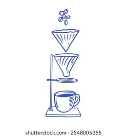 A beautifully stylized illustration of a complete coffee brewing setup featuring beans, filters, and a cup