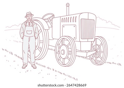 Uma ilustração lindamente estilizada representando um agricultor orgulhosamente ao lado de um trator vintage em um vasto campo