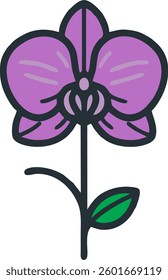 A beautifully stylized illustration of a purple orchid flower with intricate petal details and a single green leaf. The design features bold black outlines and a soft lavender hue, making it visually 