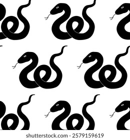 A beautifully stylized pattern of black snakes intricately designed on a clean white background,