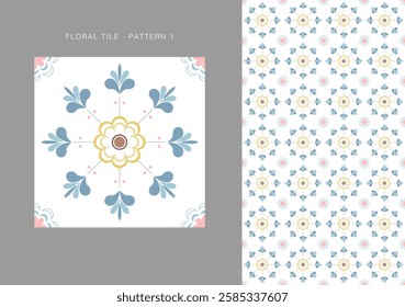 Beautifully symmetrical Scandinavian folk-art tile pattern delicate floral motifs soft blue, yellow, pink, and brown. Textiles, wallpapers, home decor, and digital backgrounds. High Resolution Vector.