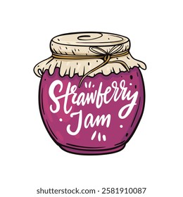 A beautifully vibrant and colorful illustration depicting a jar of strawberry jam adorned with a rustic touch