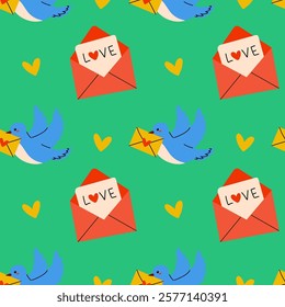 A beautifully vibrant design featuring colorful love letters intertwined with cheerful birds. Seamless pattern for Valentine's Day, vector illustration in modern style.