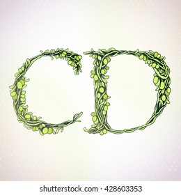 Beautifully weave olive tree branch with fruits and leaves - Floral alphabet - letters set - vector illustration