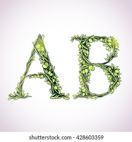 Beautifully weave olive tree branch with fruits and leaves - Floral alphabet - letters set - vector illustration