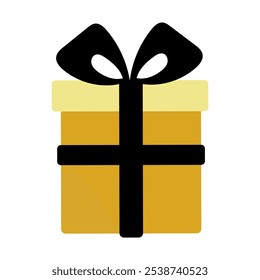 A beautifully wrapped gift box with a black ribbon tied around it. The box is a bright yellow color, and the ribbon is black. The box is sitting on a white background, making it stand out