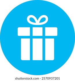A beautifully wrapped gift box icon displayed on a serene blue background, adorned with a bright ribbon and bow. This symbol of giving and celebration perfectly captures the joy and spirit of holidays