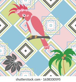 Beautifuul summer vector pattern with parrot, leaf and palm