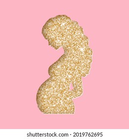 Beautifying young pregnant woman. Vector illustration in paper cut style with gold glitter.