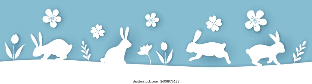 Beautil seamless vector paper cut landscape with Easter bunny and flowers.