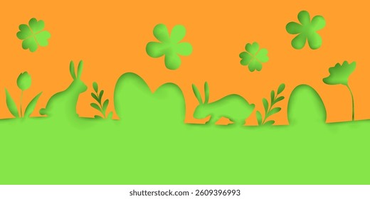 Beautil seamless vector paper cut spring landscape with Easter bunny, flowers and eggs in orange and green colors.