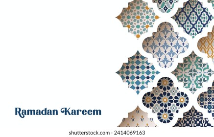 Beautilul ornamental colorful arabic tiles, patterns through cut out arabesque window. Greeting card, invitation. Muslim holiday Ramadan Kareem.Vector illustration white background, Eid Mubarak banner