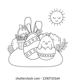 beautitul egg painted with ears rabbit and chick in the garden