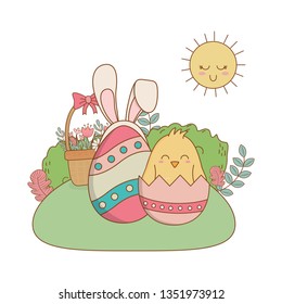 beautitul egg painted with ears rabbit and chick in the garden